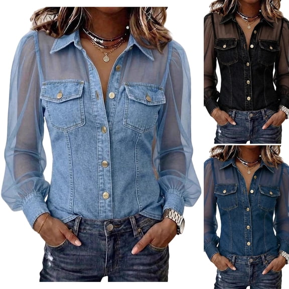 WULMLEO Denim Shirt Women Button Down Mesh Collared Long Sleeve V Neck Jean Shirts Light Blue L