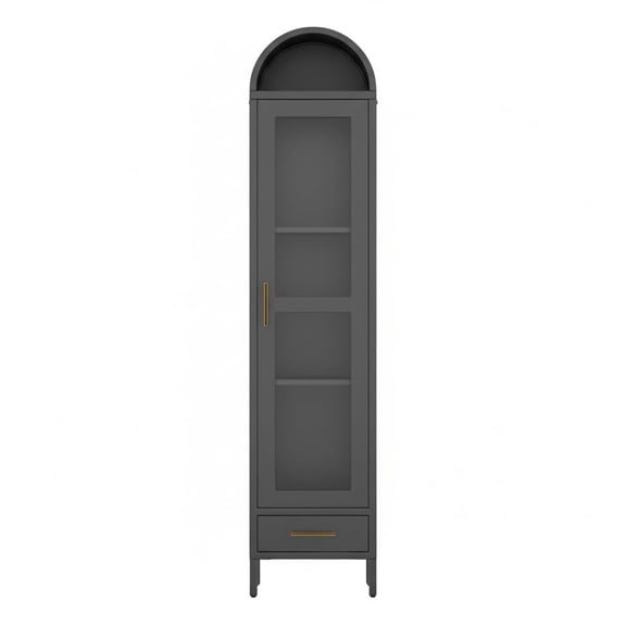 PYY 73 In Metal Arched Storage Cabinet, Tall Narrow Arched Bookcase with Glass Door & Drawer, Modern Black Pantry Cabinet for Living Room, Kitchen, Home Office - Easy Assembly, Black