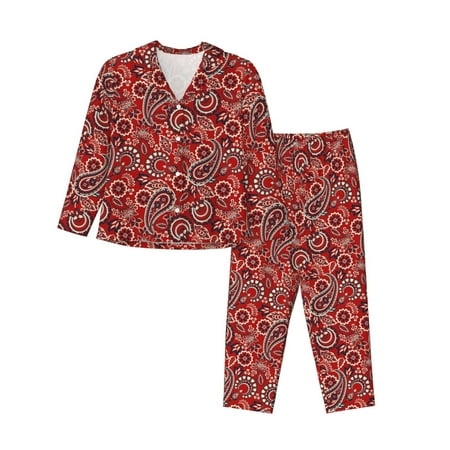 Haiem Vintage Red Paisley Pattern Womens Long-sleeve Sleepwear Sleepwear Set 2-piece Loungewear Set Soft PJs Comfy Nightwear with Pockets-Small