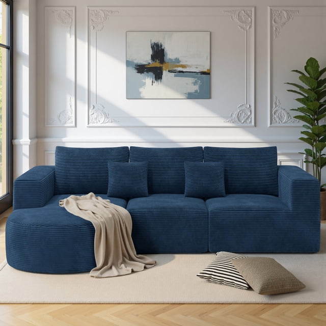 Hawsaiy Canapé Sectionnel Modulaire de 104 Pouces avec Méridienne en L, Canapé-Lit Sectionnel Moderne Nuage avec Assise Profonde, Canapés à Compression en Éponge, Aucun Assemblage (Tissu Côtelé Bleu)