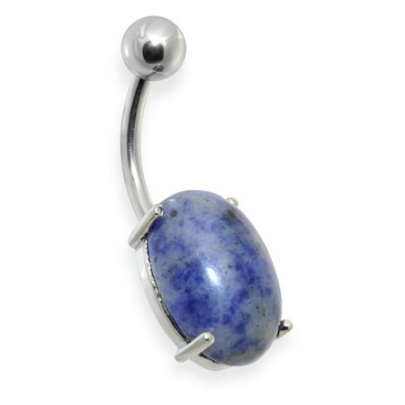 Gemstone Oval Ring - Surgical Steel Prong Set Oval Sodalite Semi Precious Stone Navel Ring