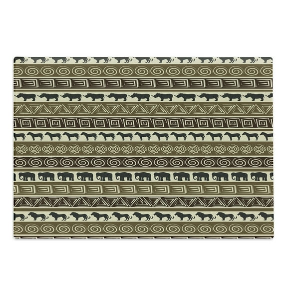 Safari Cutting Board, Style Geometrical Pattern with Wild Animals in Horizontal Line Art, Decorative Tempered Glass Cutting and Serving Board, Large Size, Black and Brown, by Ambesonne