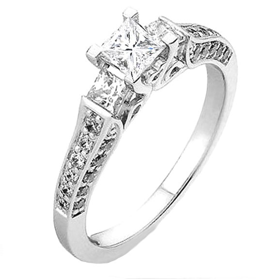 Dazzlingrock Collection 1.00 Carat (ctw) 14K Princess & Round 3 Stone Diamond Ladies Bridal Engagement Ring, White Gold, Size 5.5