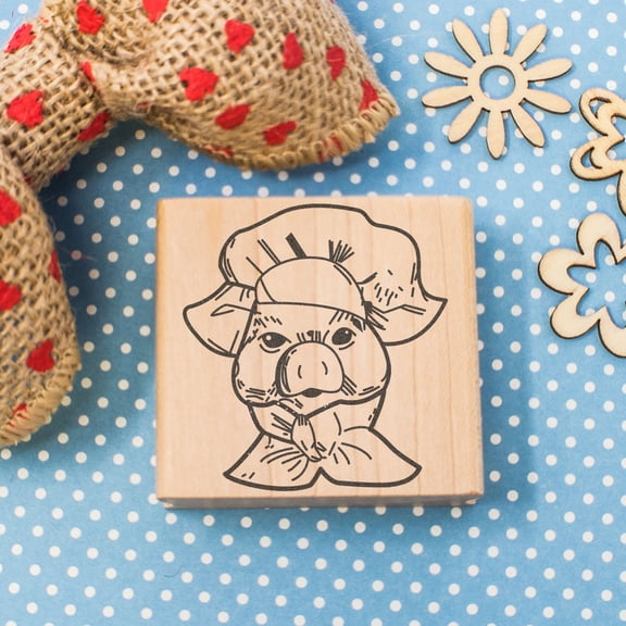 Pig Chef Art Rubber Stamp, Laser Engraved Craft Stamp on Wood Mounted Block, Size 1-3/4 x 1-3/4, Made in USA