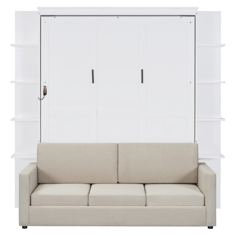 Queen Size Murphy Bed with Sofa, Wooden Wall Bed with Storage Shelves, Folding Platform Bed with Built-in LED Spotlights