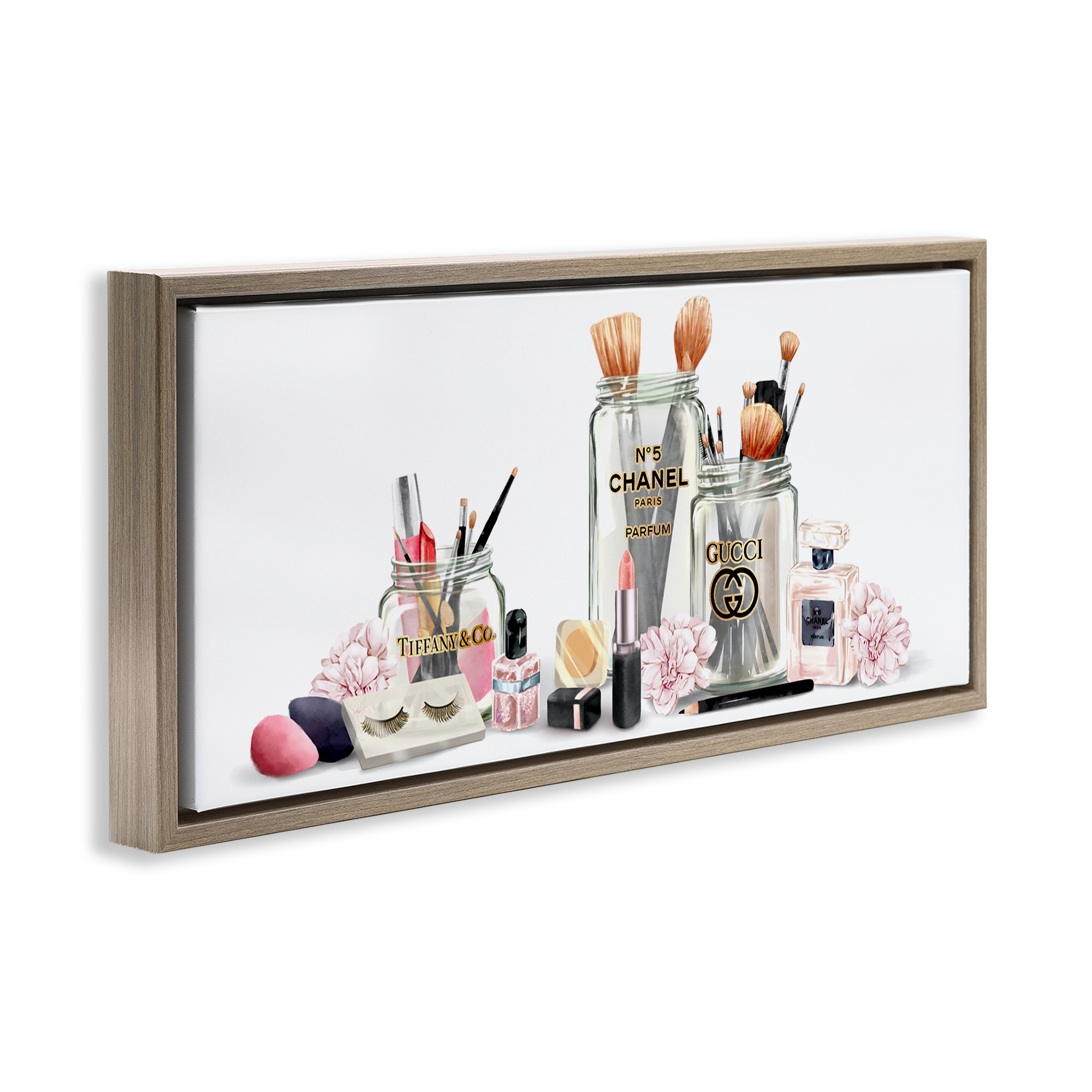 Stupell Industries Floral Makeup Collection Still Life Beauty & Fashion Painting Brown Floater Framed Canvas Art Print Wall Art, 31 x 14