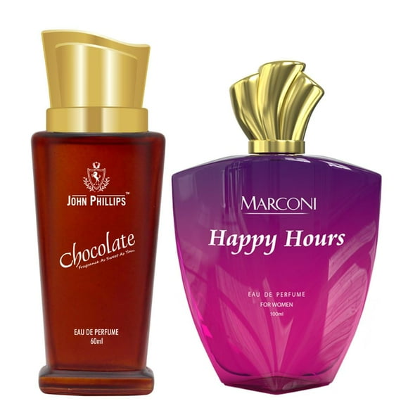 John Phillips Eau De Perfume Combo Gift Set For Men & Women Pack Of 2 | Happy Hours 100ml, 3.4 Fl.oz. + Chocolate 60ml, 2.0 Fl.oz. Fragrance | Skin Friendly | With Floral & Citrus Bergamot Notes