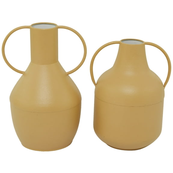 DecMode 14", 12"H Yellow Metal Vase with Handles, Set of 2