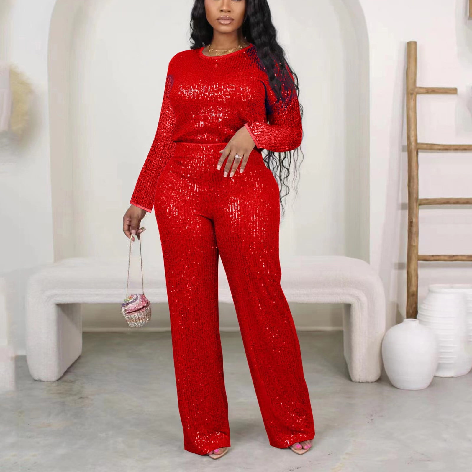 Fall Lounge Sets for Women 2 Piece Cotton Two Piece Sets for Women Shorts Vacation Women's Solid Color Sequin Fashion Suit Comfortable Casual Long Sleeve Pants Two-piece Set