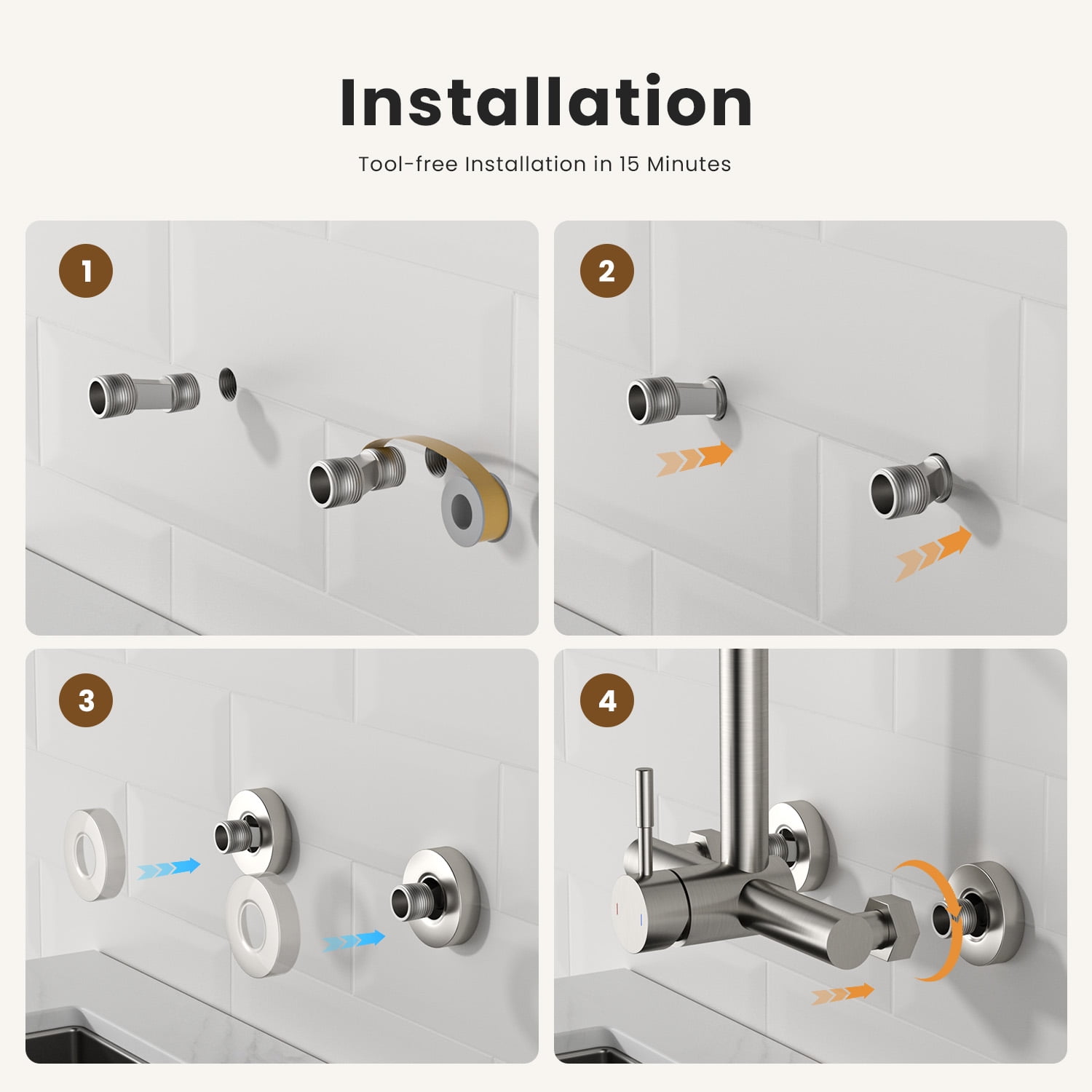 Wall Mount Kitchen Faucet Single Handles, 8 Inch Center Wall Commercial Utility Sink Faucet with Pull Out Sprayer 2 Modes, Stainless Steel, Brushed Nickel