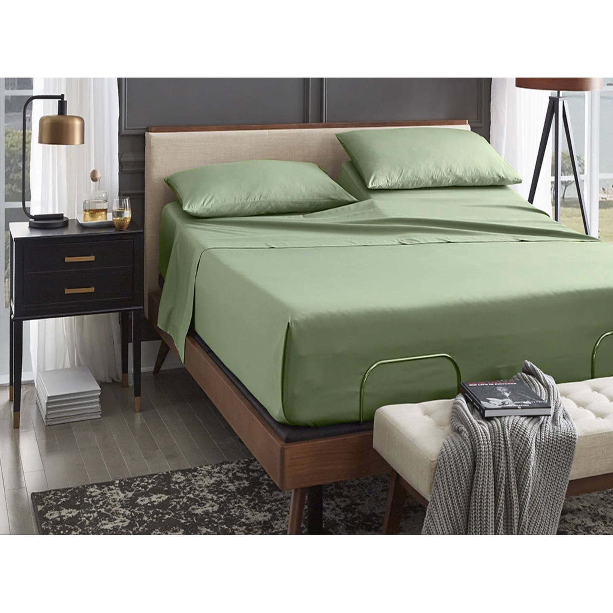 ABORN Giza Egyptian Cotton bedsheet 400-TC 4 PC Sage Split-Head Queen 38 Split 22 Pocket