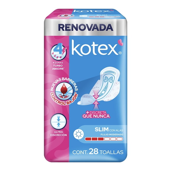 Toallas femeninas Kotex Slim ultradelgada con alas flujo moderado 28 piezas
