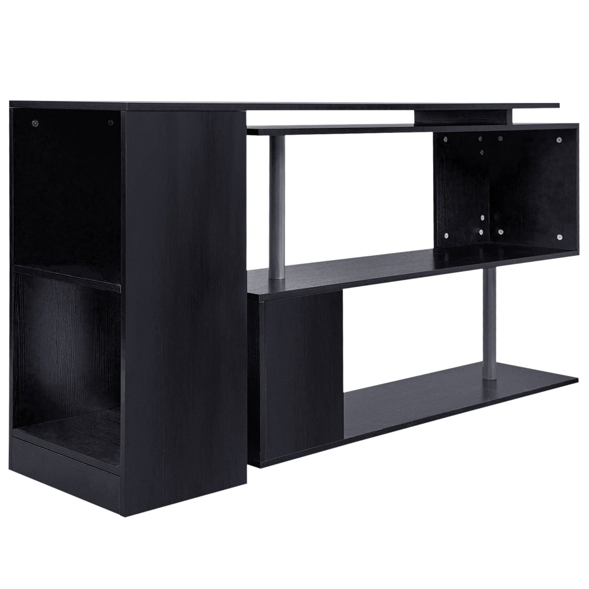 HomCom 55" 360° Rotating Corner Computer Desk Modern L-Shaped Home Office Workstation with 3-Tier Storage Shelves, Bookshelf, Black