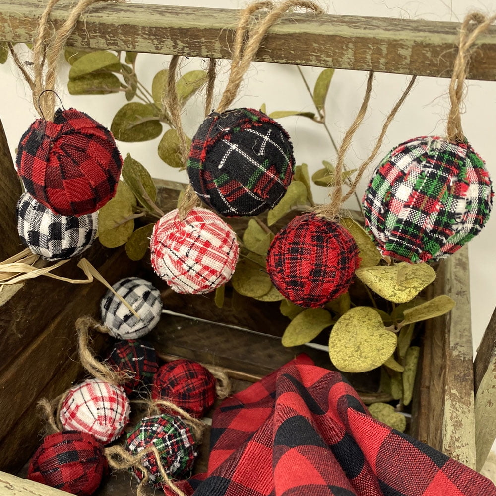 Red, White & Black Mini Buffalo Plaid Homespun Christmas 1.5 Ball  Ornaments Set of 12 by Marilee Home