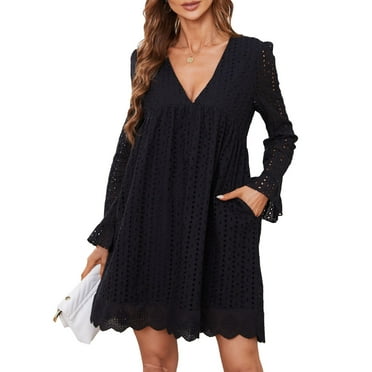 Women Dress One Piece Lace V Neck Long Sleeve Pure Colour with Pockets for Home Office Black XL