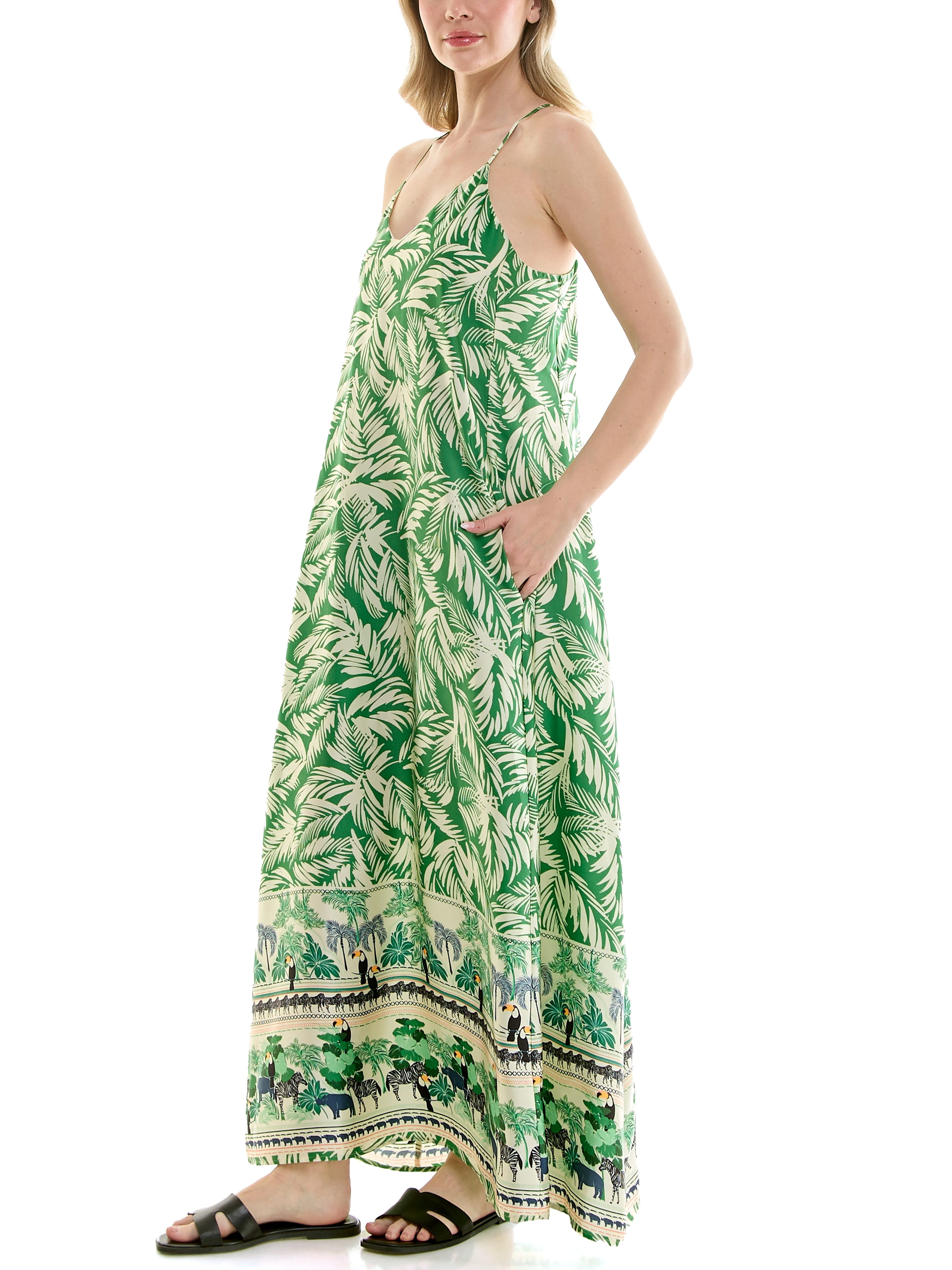 Tropical border print, full sweeping, satin maxi slip dress with built in shelf bra and pockets.,S-XL