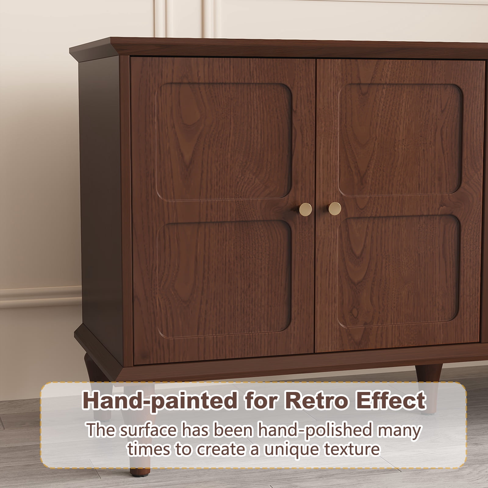 HLR Mid Century 67" TV Stand, for TVs up to 75", Living Room Entertainment Center with 4 Door Storage Cabinet, Brown