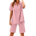 thumbnail image 4 of Costeam Womens 2 Piece Linen Blend Co Ord Set Notch Collar Button V Neck Short Sleeve Top Dual Side Pockets Elastic Waist Shorts Solid Color Summer Two Piece Outfit, 4 of 8