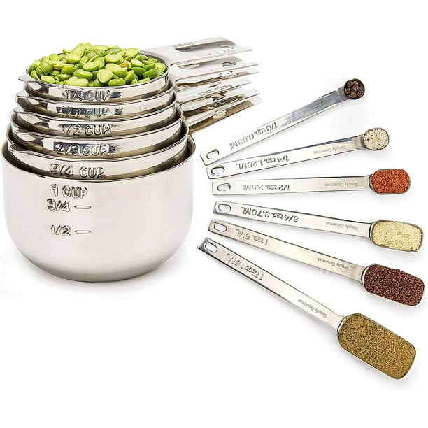 Juego De 12 Tazas Y Cucharas Medidoras Simply Gourmet - Utensilios De Cocina De Acero Inoxidable 18/10 - Diseño Apilable Con Cucharas De Mango Largo - Cabe En Frascos - Juego De Medición Para Cocinar