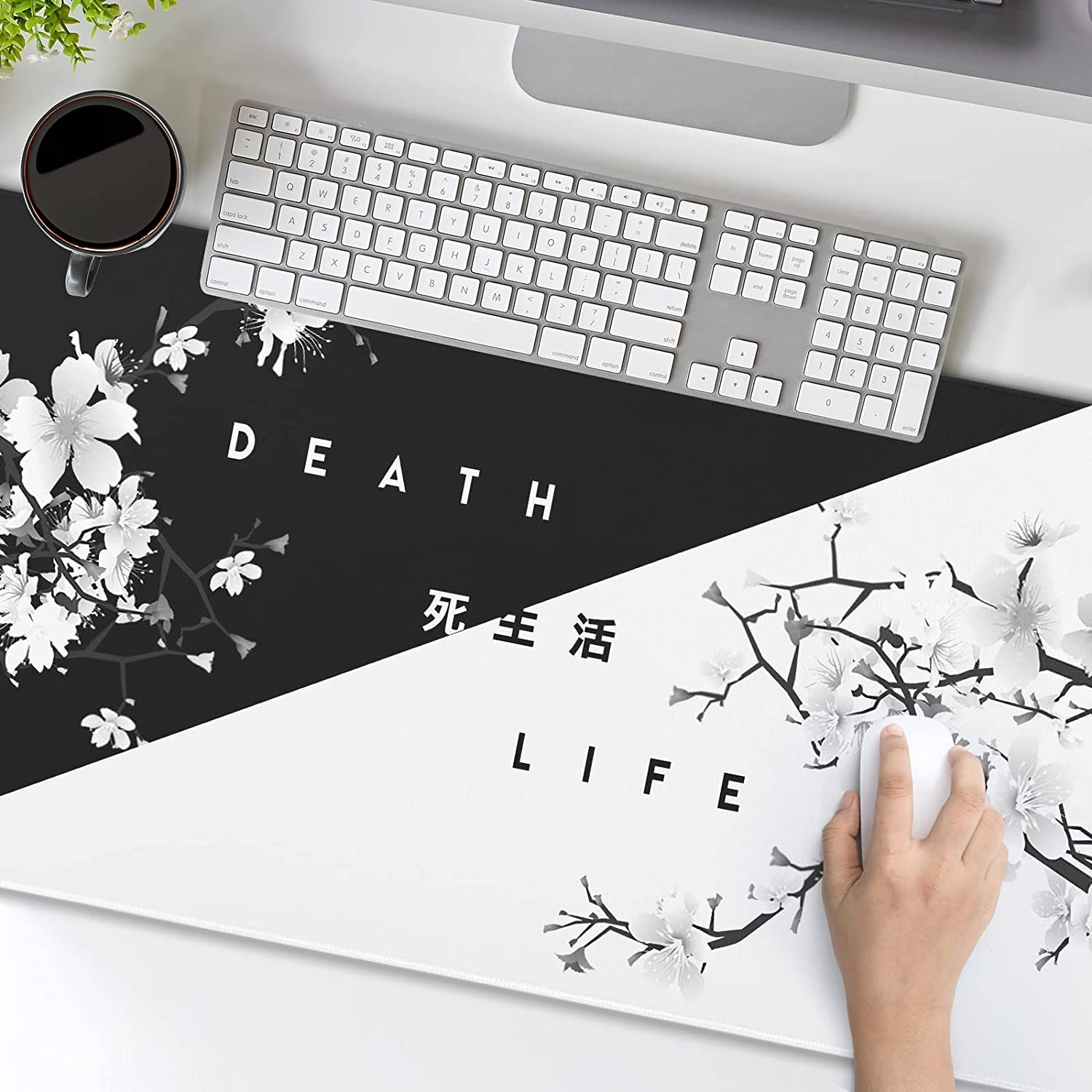 Black White Cherry Blossom Mouse Pad Japanese Sakura Death Life Extended Desk Mat 80X30 cm Non-Slip Rubber Base Stitched Edge Large XL Playmat for Gaming Laptop Computer PC Desktop,31.5×11.8 Inch