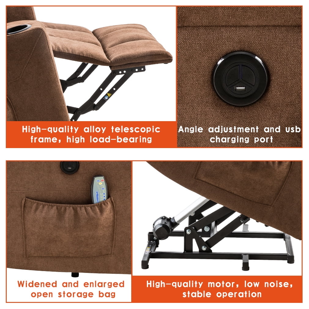 FDW Lift Chair Electric Recliner with Side Pocket and Cup Holders, USB Charge Port&Massage Remote Control for Elderly Massage Chair，Brown