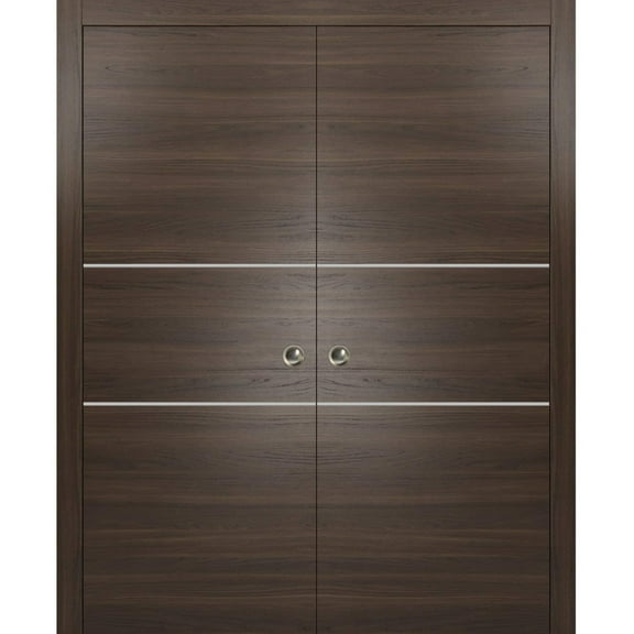 Sliding French Double Pocket Doors 36 x 80 inches | Planum 0110 Chocolate Ash with Frosted Glass | Kit Trims Rail Hardware | Solid Wood Interior Bedroom Sturdy Doors
