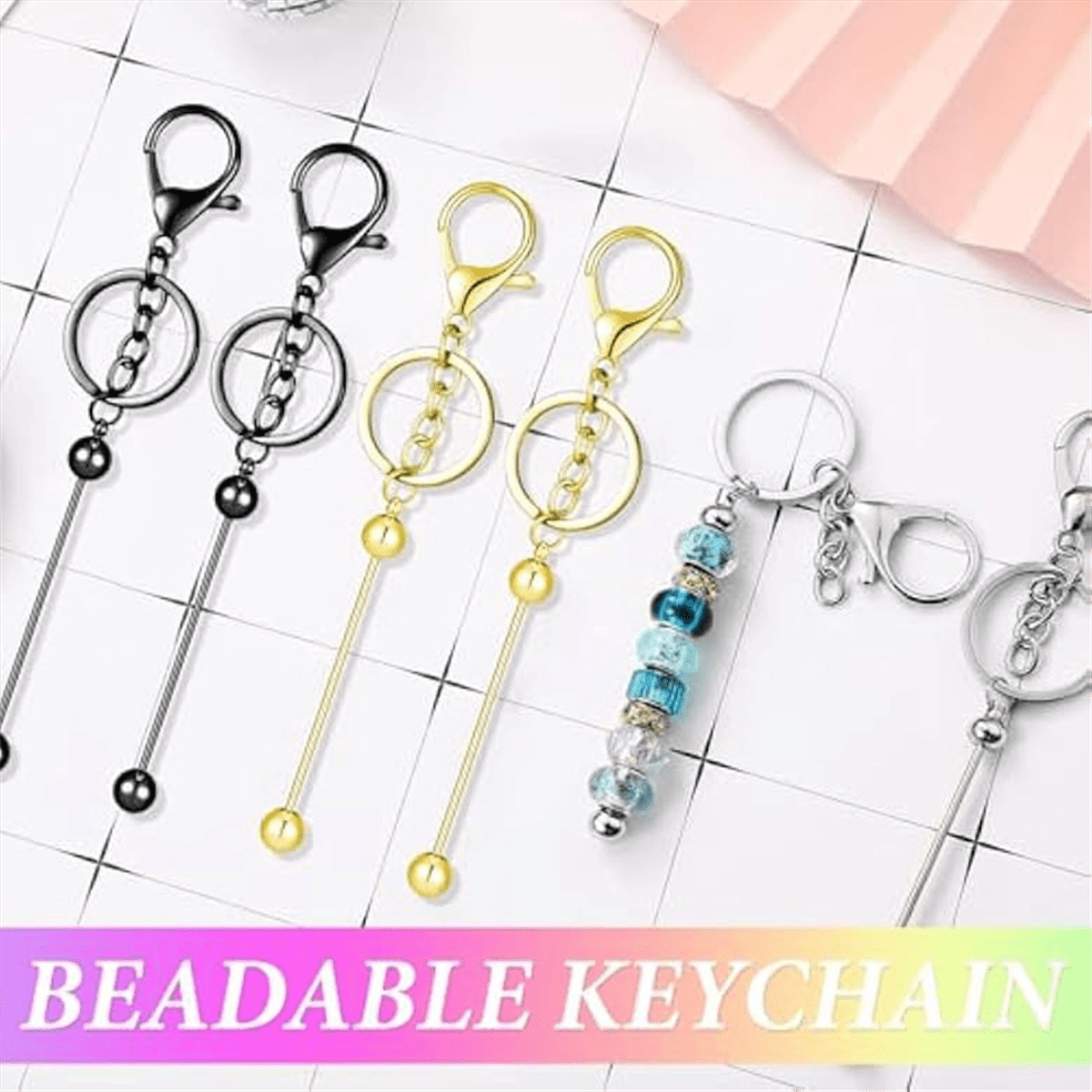 63 Pcs Beadable Keychain Bars Resealable Set Making Supplies Kit for DIY Pendant Craft Jewelry