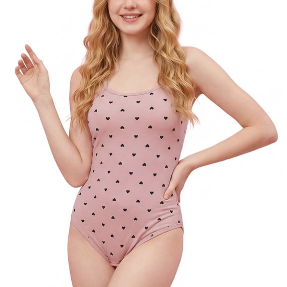 CutiePlusU Cotton Button Crotch Women Sling Onesie Bodysuit Pajamas Romper Pink XS