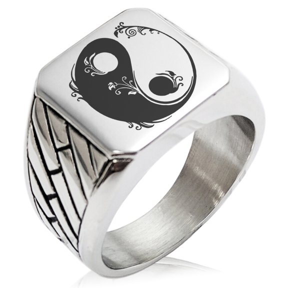 Stainless Steel Floral Yin Yang Geometric Pattern Biker Style Polished Ring