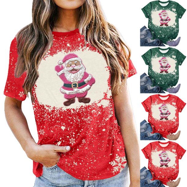 Fiudx Ropa de Mujer Camiseta de Manga Corta con Cuello Redondo y Estampado Navideño a La Moda para Mujer