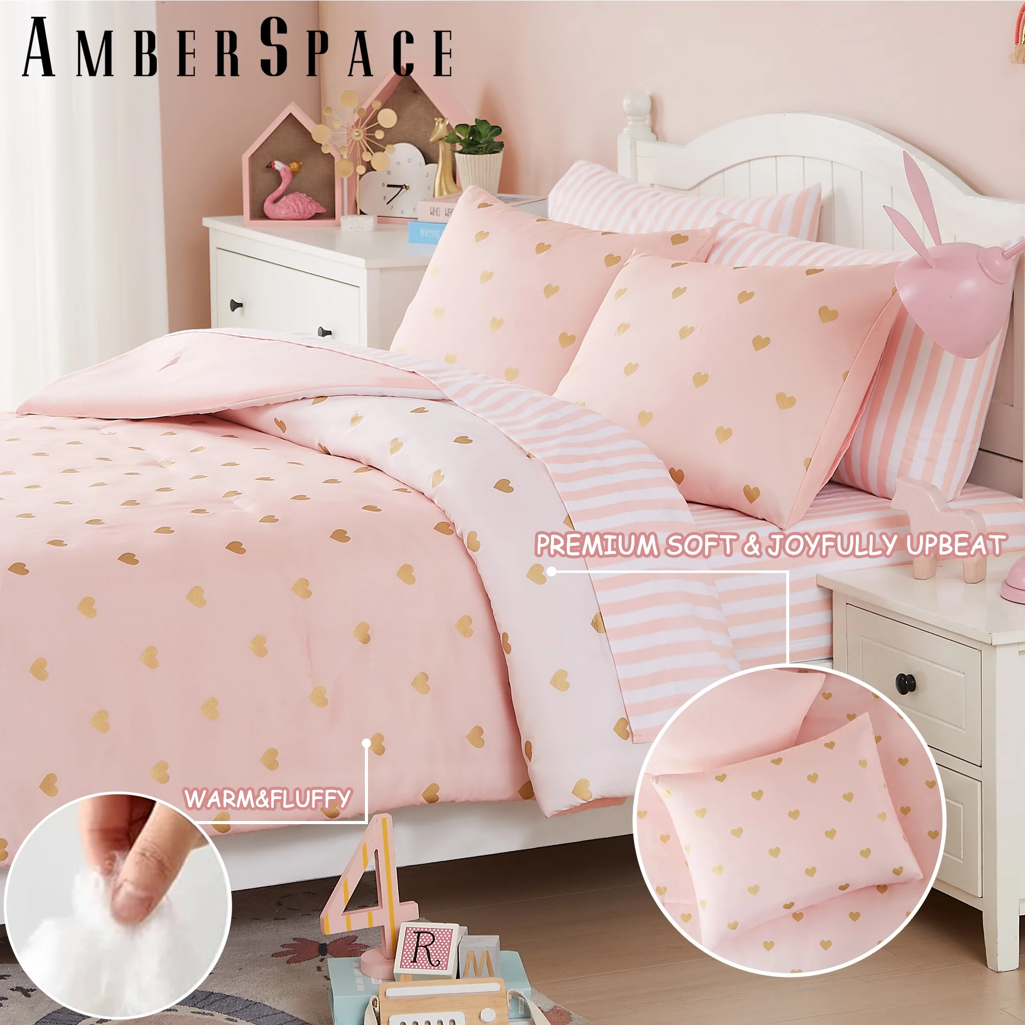 Amberspace gold foil Design 7-piece Bed in a Bag Comforter Set with Sheets,Pink Gold Heart,Queen