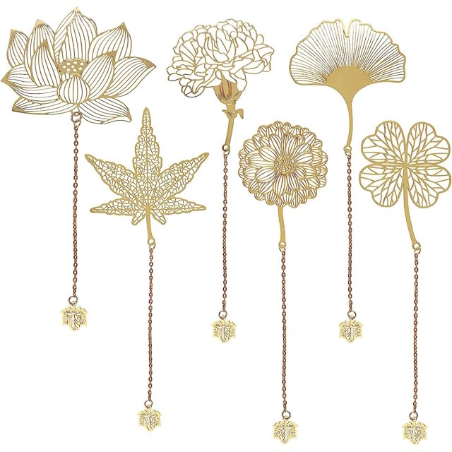 CHAO 6 marcadores de metal dorado con cadena, marcador hueco, exquisito marcador de hoja de metal, flor de clavel de ginkgo, hoja de arce para amantes de los libros, lectores adolescentes