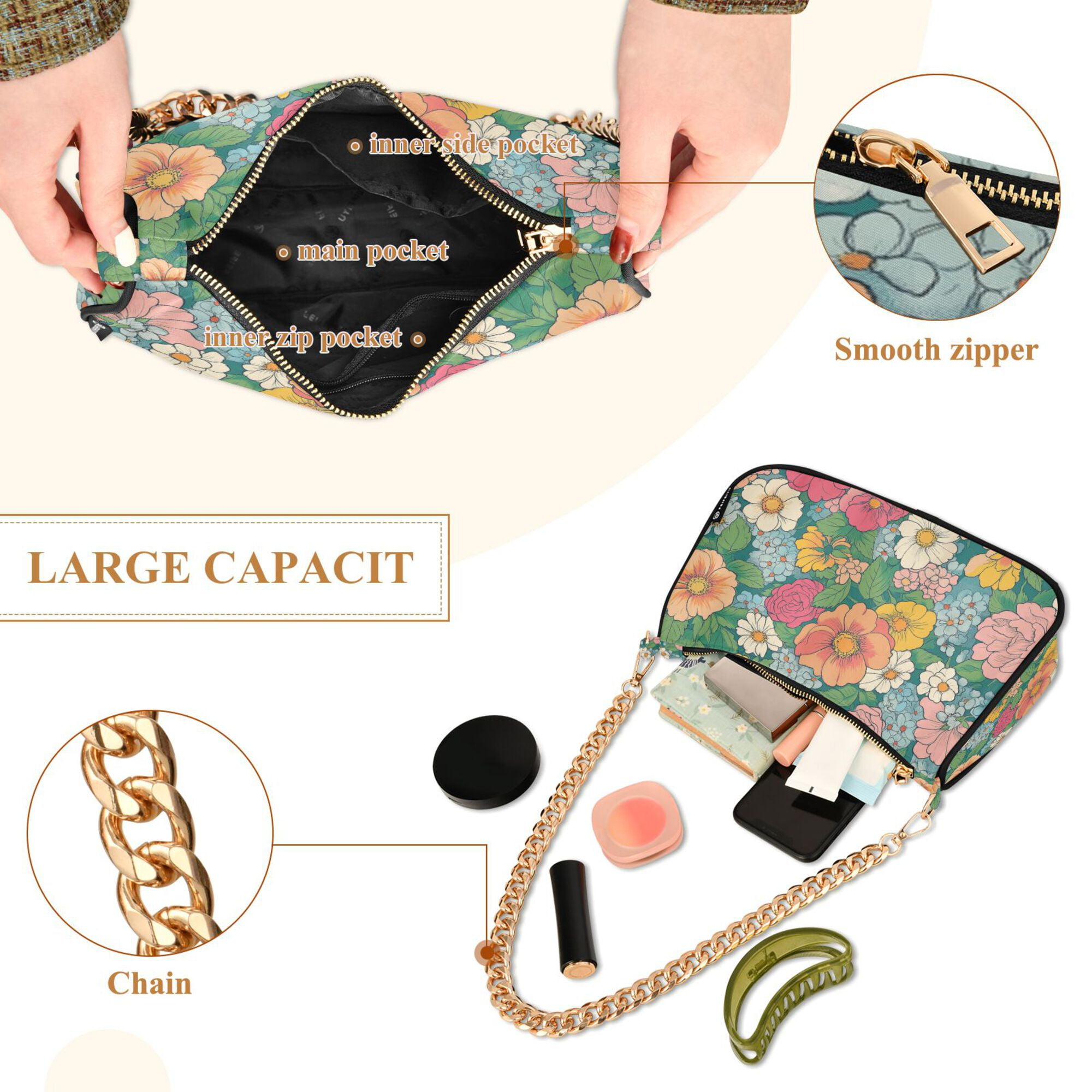 FORMRS Womens Shoulder Bag with Chain Strap Clutch Purse Cute Tote Handbag, Floral Pattern