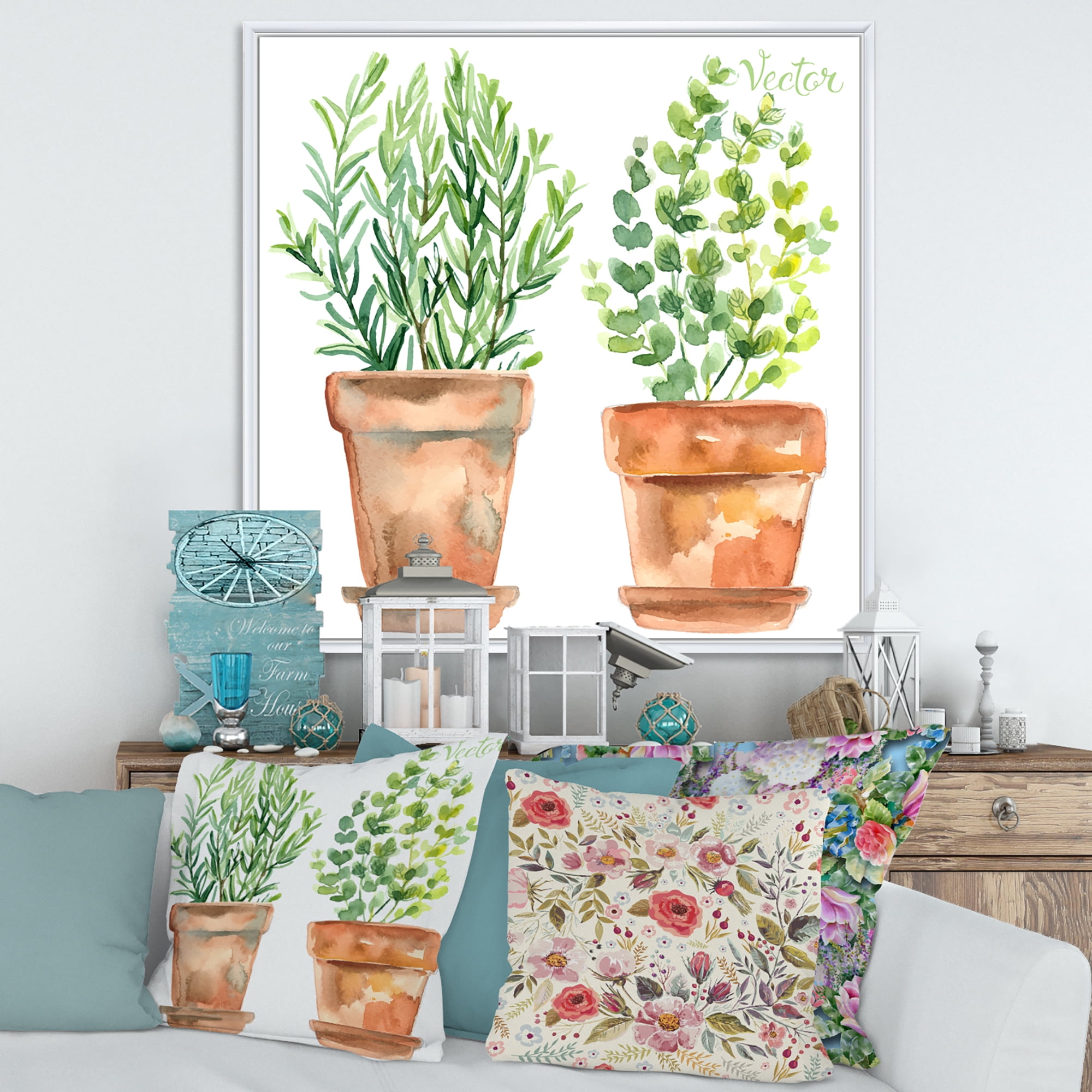 Designart 'Two Green House Plants In Orange Cly Pots' Traditional Framed Canvas Wall Art Print