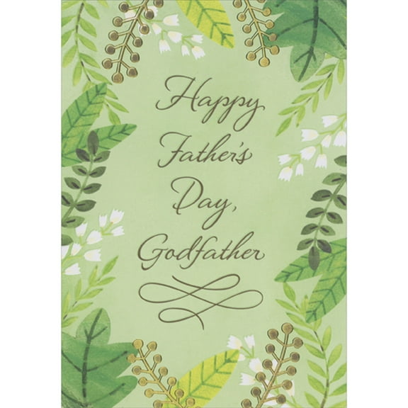 Designer Greetings Small White Flowers, Green Leaves and Gold Foil Plants on Light Green Religious Godfather Father's Day Card