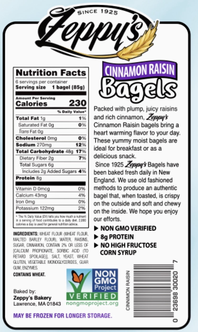 Zeppy's NON-GMO Cinnamon Raisin Bagels, 6 count, Pre-sliced Bagels, 18oz Bag
