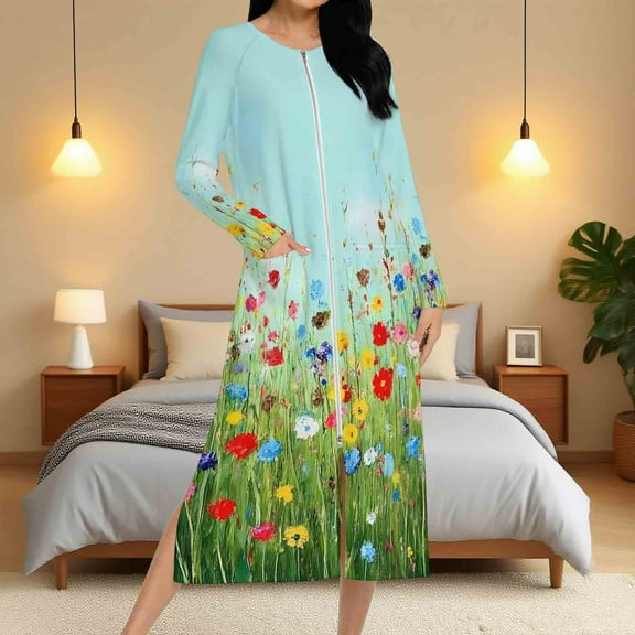 Aboser Women's Zip Up Nightgown Robes Fashion Casual Floral Printing Sleepwear Loose Long Sleeve Knee Length Housecoat Soft Jersey Loungewear with Side Pockets
