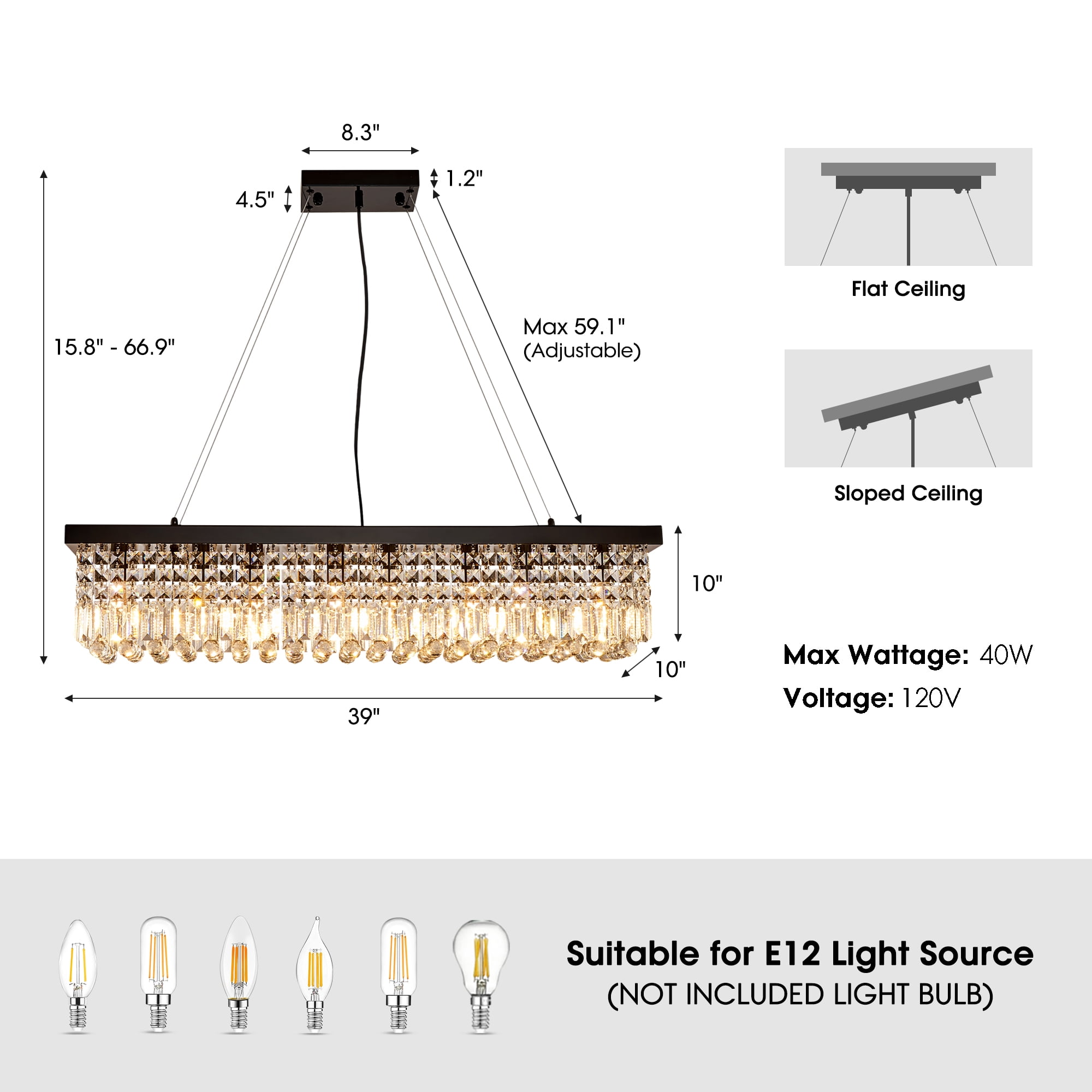 HOOMEDELIER 40" Modern Rectangle Crystal Chandelier, K9 Pendant Light for Dining Room, Kitchen Island