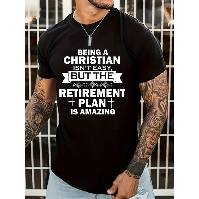Men's Navy Blue Fashion Tee - "Being a Christian Isn't Easy" Retirement Plan Print, 100% Cotton, Round Neck, Short Sleeve, Street Style, Machine Washable, Ideal for Spring & Summer