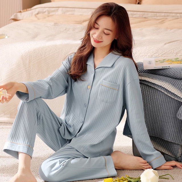 Pijamas de primavera y otoño para mujer, de manga larga, de alta calidad, de color puro, de algodón puro, sencillo, para otoño e invierno, para el hogar