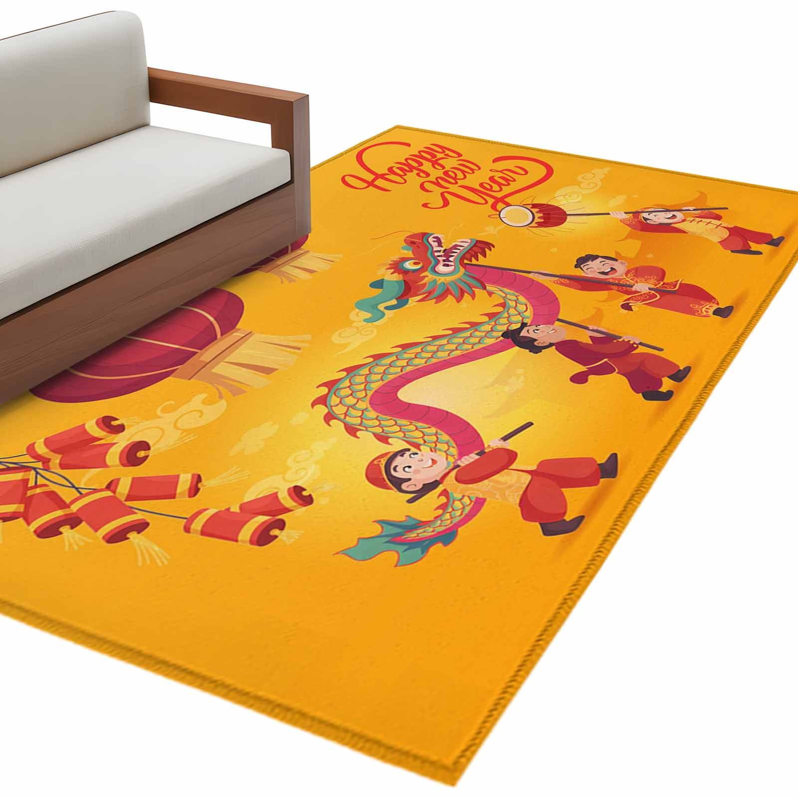 Happy New Year Area Rugs Collection 2.7 x5 Red Yellow Dragon Dance Non Slip Indoor Rectangle Throw Runner Rug Floor Mat Carpet for Living Room Dining Table Bedroom Nursery
