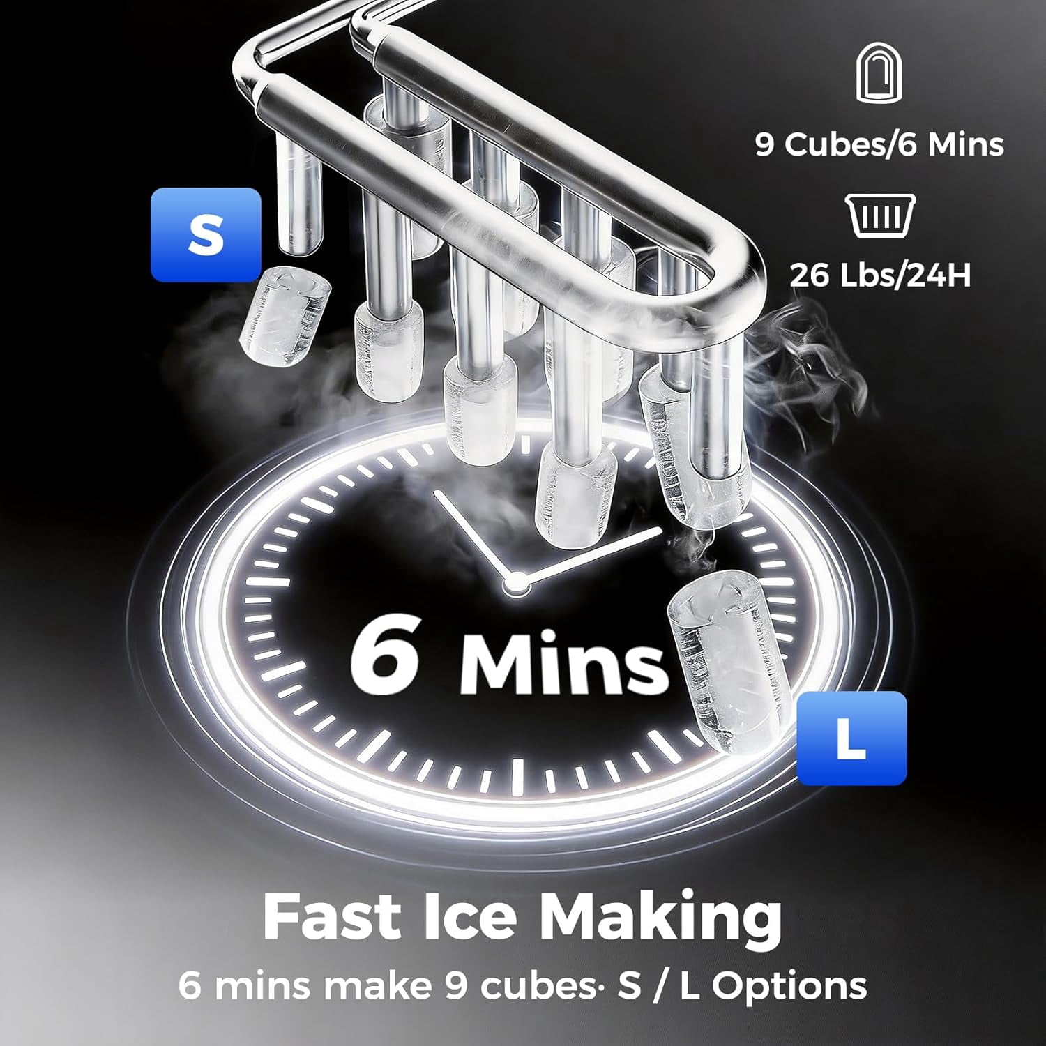 OSTBA Fast Ice Countertop Ice Maker with Dual Size Bullet Ice, 9 Cubes in 6 Minutes, 26 lbs per Day, Self-Cleaning Portable Ice Machine with Carry Handle for Home, RV & Party