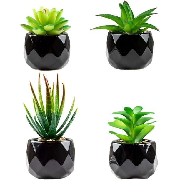 Plantas artificiales de interior en macetas, plantas artificiales al aire libre, mini plantas suculentas verdes en cerámica negra estética para baño, sala de estar, oficina (4) TUNC Sencillez