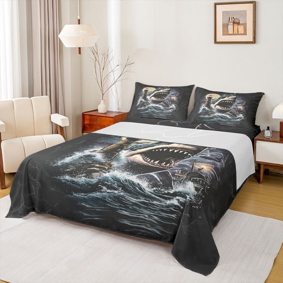 Feelyou Storm Lighthouse Shark Sea Bed Sheets for Men Boys, Boat Nautical Marine Wildlife King Sheets, Black Blue, 4pcs