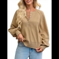thumbnail image 1 of Suéter de Cuello Redondo con Botones para Mujer, Camisetas Henley de Larga de Otoño, Tops de Punto Holgados A Caqui XL, 1 of 8