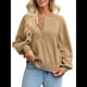 thumbnail image 1 of Suéter de Cuello Redondo con Botones para Mujer, Camisetas Henley de Larga de Otoño, Tops de Punto Holgados A Caqui XXL, 1 of 8