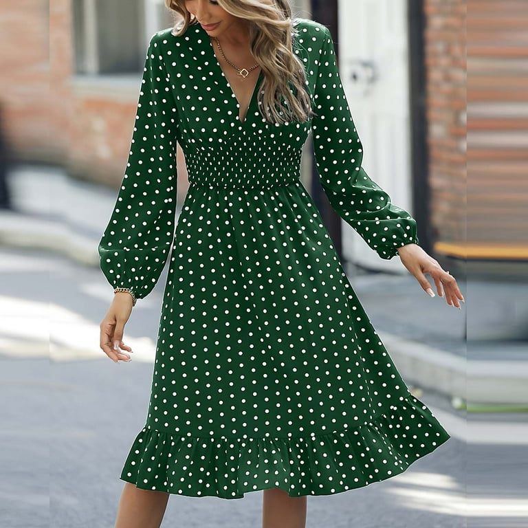 Herrnalise Women's V Neck polka dots dress Fashion Long Herrnalise Women's V Neck polka dots dress Fashion Long