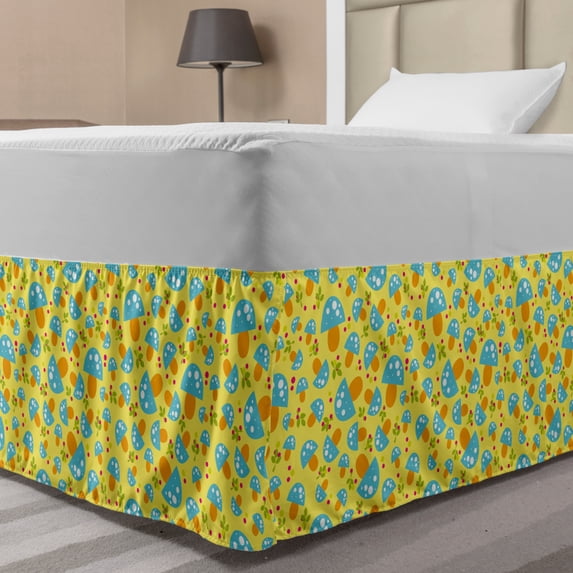 Mushroom Bed Skirt, Woodland Cartoon Blue Mushrooms in Childish Drawing on Yellow Background, Elastic Bedskirt Dust Ruffle Wrap Around for Bedding Decor, 4 Sizes, Yellow Multicolor, by Ambesonne