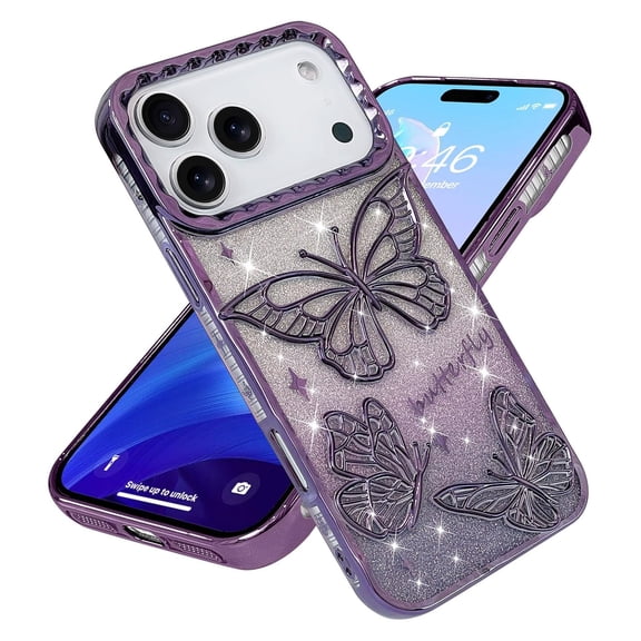 Poweltek Glitter Butterfly Phone Case for iPhone 17 Pro, 2 in 1 Gradient Bling Paper Luxury Plated Slim Soft TPU Shockproof Protective Cover for Women Girls, Purple