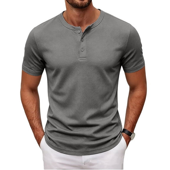 Zimjoy Men's Henley T-Shirt Short Sleeve Breathable Waffle Knit 3 Button Placket Regular Fit Casual Everyday Crew Neck Top Dark Gray L
